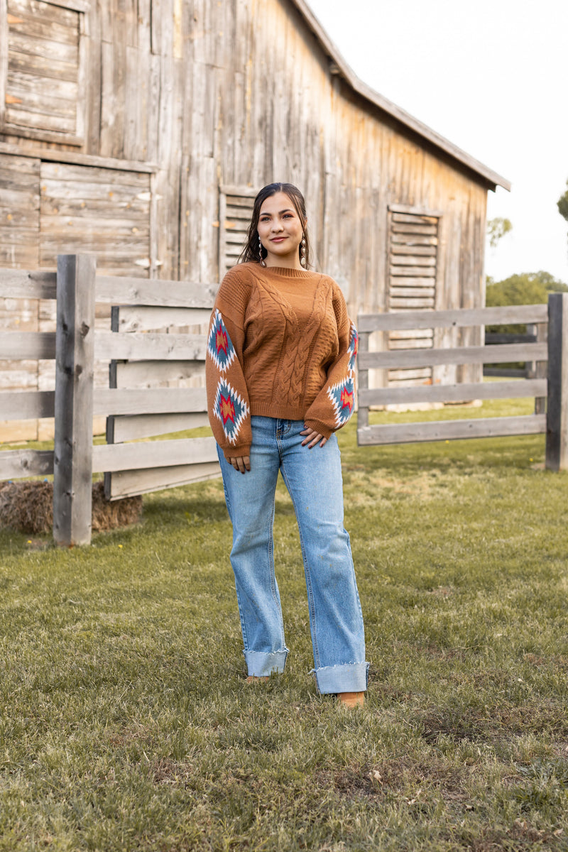 Terracotta Horizon Aztec Sleeve Sweater