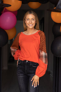 So Confident Orange Plaid & Glitter Sleeve Top