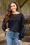 Black Waffle Knit Top with Mesh and Sequin Details