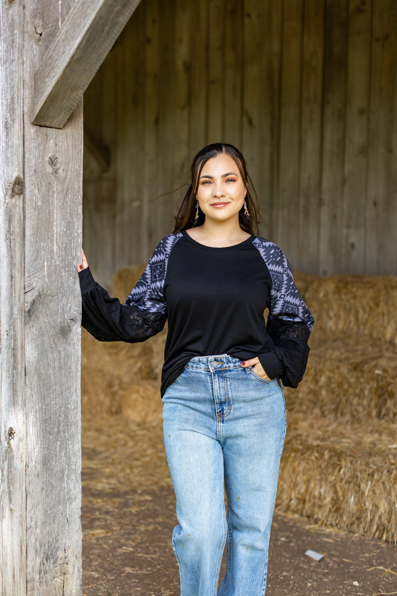 Black Top with Aztec Lace Puff Sleeve