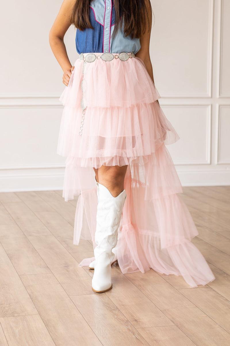 Pink Tulle Ruffled High-Low Skirt