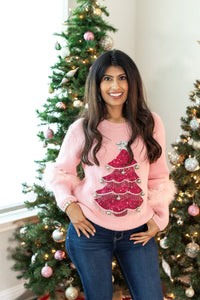 Beaded Christmas Tree Pink Sweater