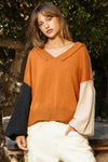 POL Exposed Seam Roll Edge Color Block V Neck Sweater