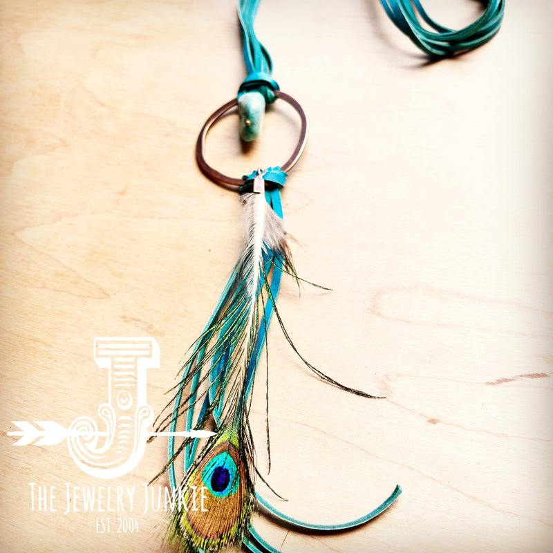 Turquoise Boho Leather Necklace w/ Blue Turquoise & Peacock Feather 257p