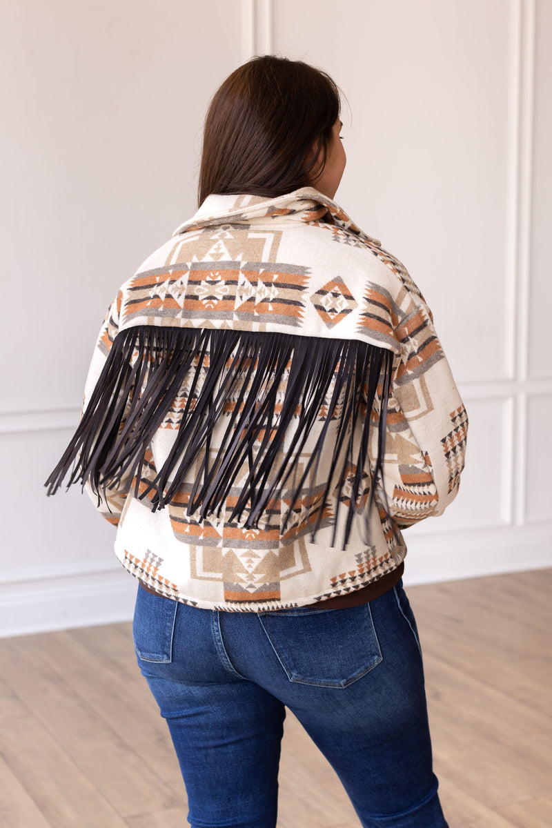 Boho Breeze Aztec Jacket with Fringe