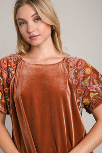 Umgee Velvet Embroidery Short Sleeve Blouse