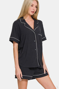 Zenana Button Down Short Sleeve Top and Shorts Lounge Set