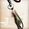 Brown Boho Leather Necklace w/ Blue Turquoise & Peacock Feather 257r