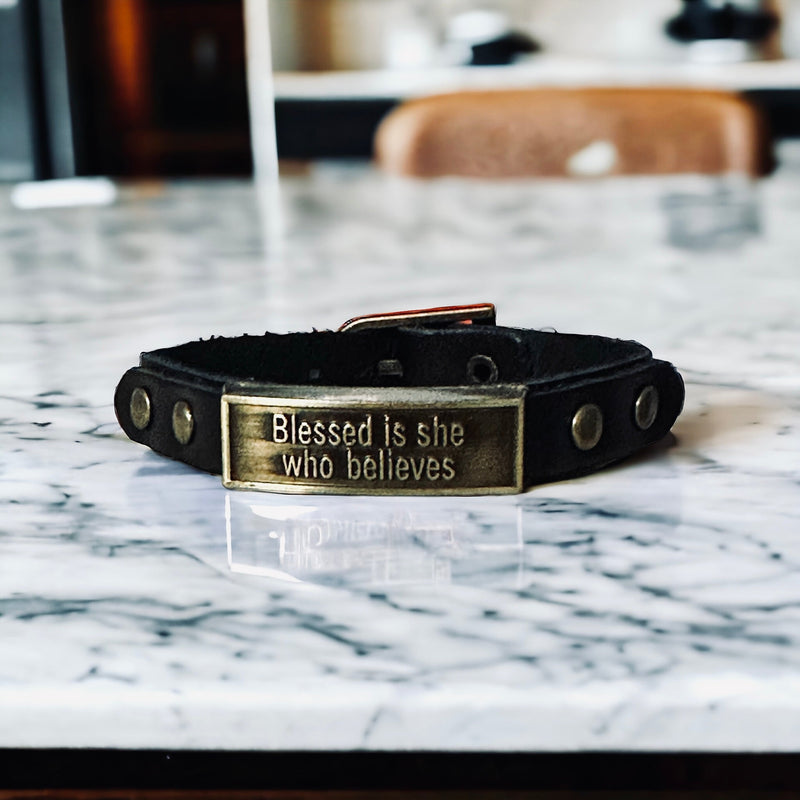 Leather Wristlet: Blessed is She Who Believes