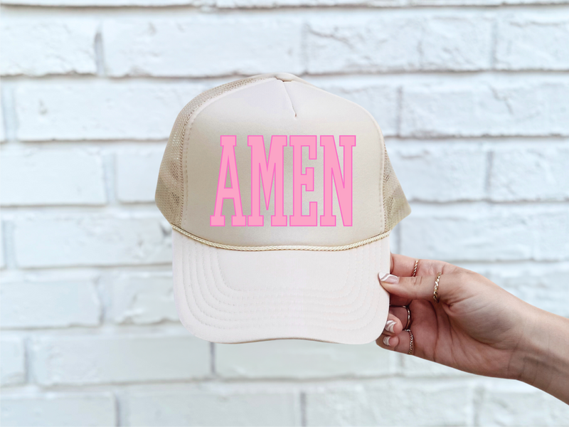 Amen DTF Printed Tan Trucker Hat