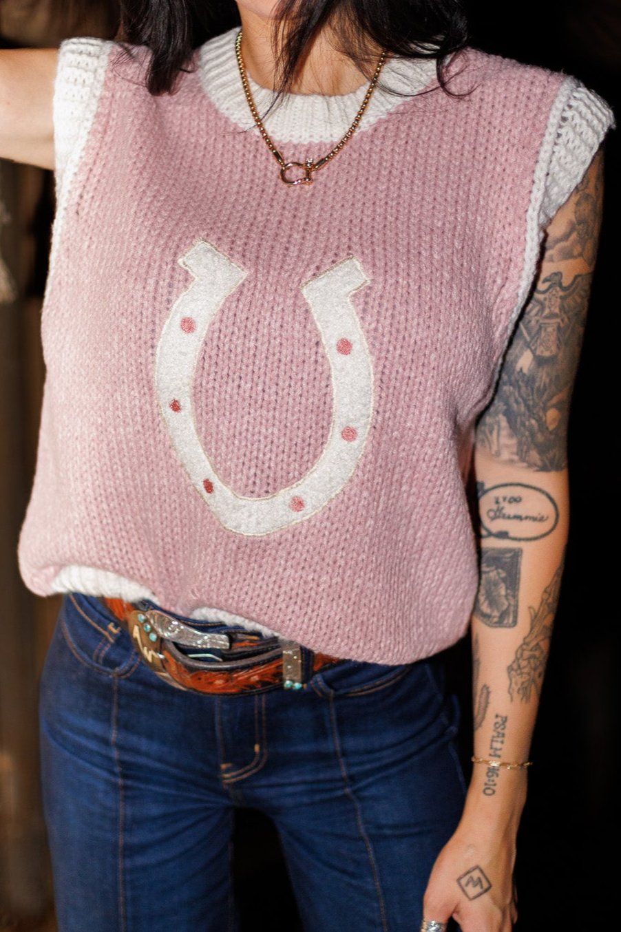The Woven Horseshoe Sweater Vest in Pink