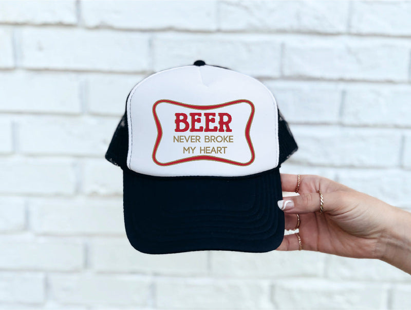 Beer Never Broke My Heart DTF Printed Black & White Trucker Hat