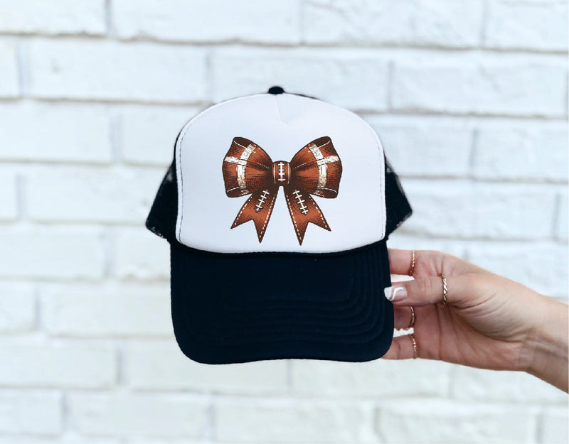 Football Bow DTF Printed Black & White Trucker Hat