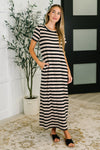 PREORDER: Cap Sleeve Maxi Dress in Black and Tan Stripe