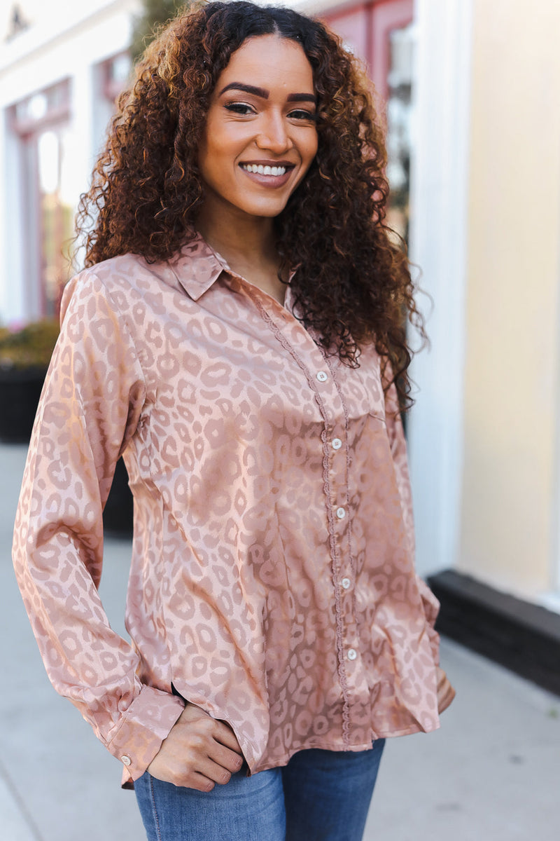 Diva Dreams Neude Animal Print Button Down Lace Shirt Top