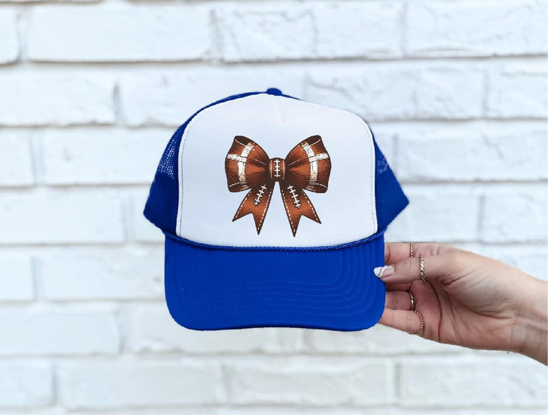 Football Bow DTF Printed Royal & White Trucker Hat