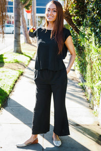 Stand Out Black Textured Shirt Attached Crossover Back Pant Suit