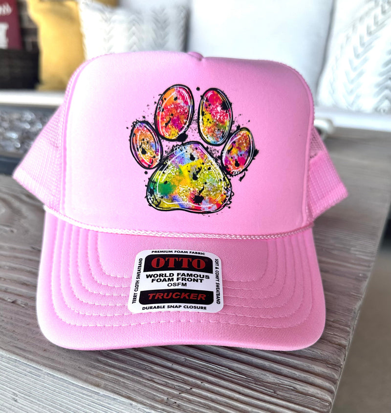 Dog Paw Print DTF Printed Light Pink Trucker Hat