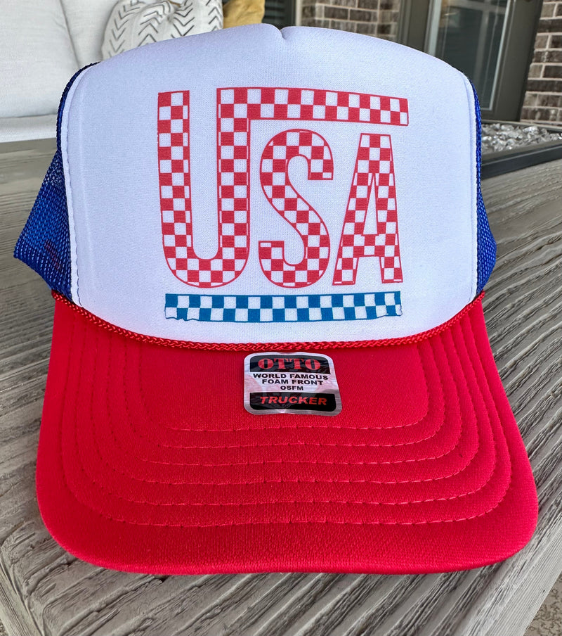 Checkered USA DTF Printed Trucker Hat