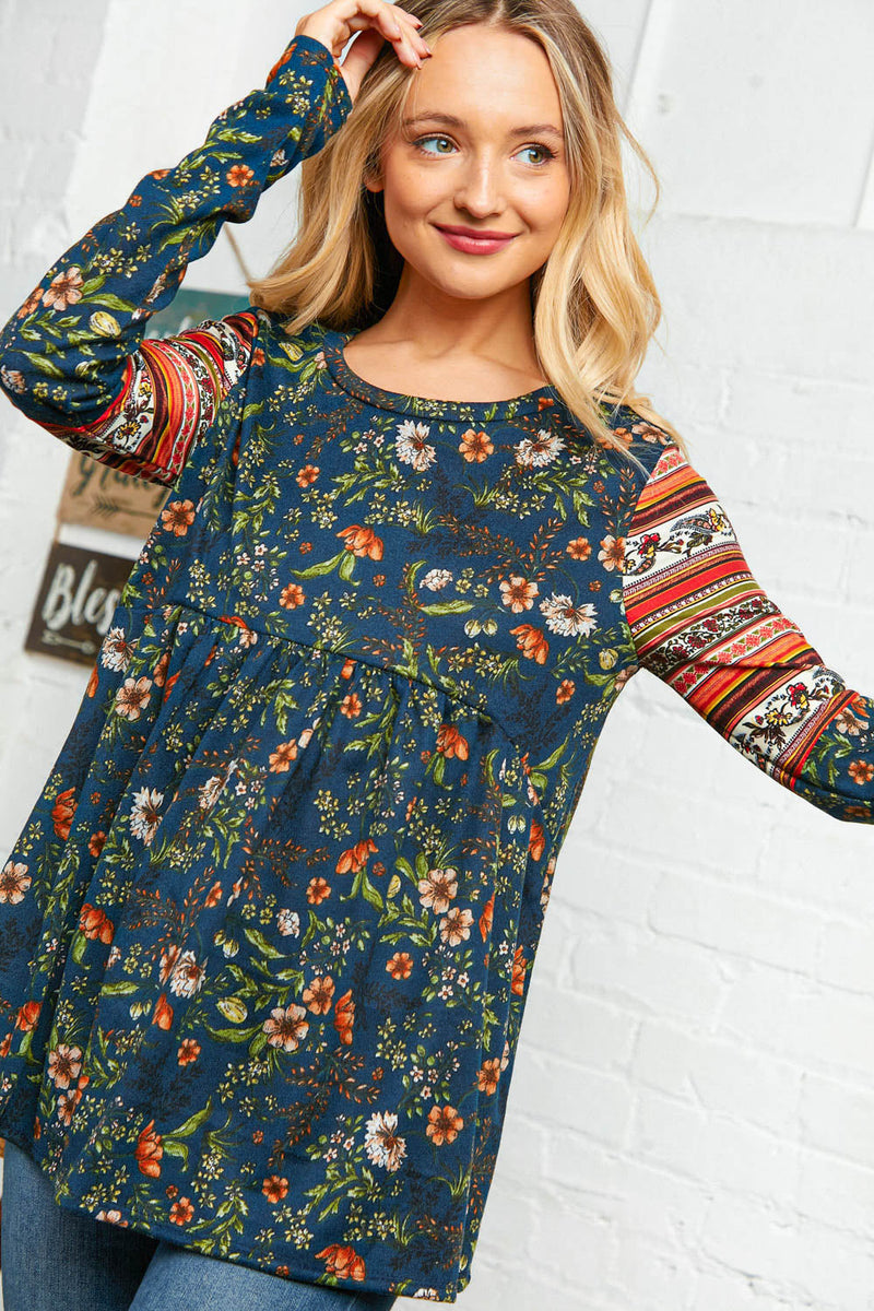 Navy Floral Hacci Babydoll Ethnic Sleeve Top