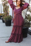 Holiday Vibes Wine Satin Front Overlap Smocked Back Maxi Dress