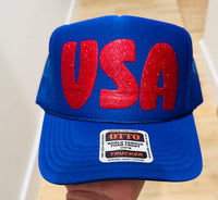 USA In Red Glitter Puff Vinyl Printed Royal Blue Trucker Hat