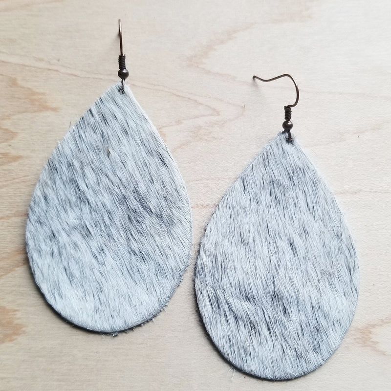 Leather Teardrop Earrings in White and Gray Hair-on-Hide 221y