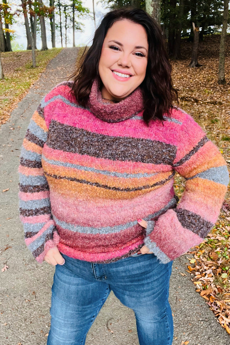 Going My Way Rust & Mustard Stripe Boucle Turtleneck Sweater