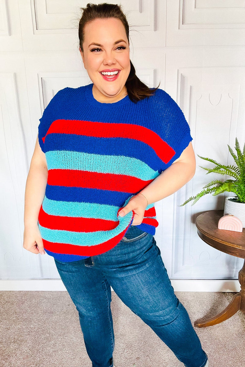 Forget Me Not Royal Blue Stripe Short Sleeve Dolman Sweater