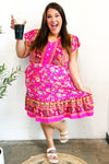 Find Romance Fuchsia Boho Floral Button V Neck Ruffle Dress