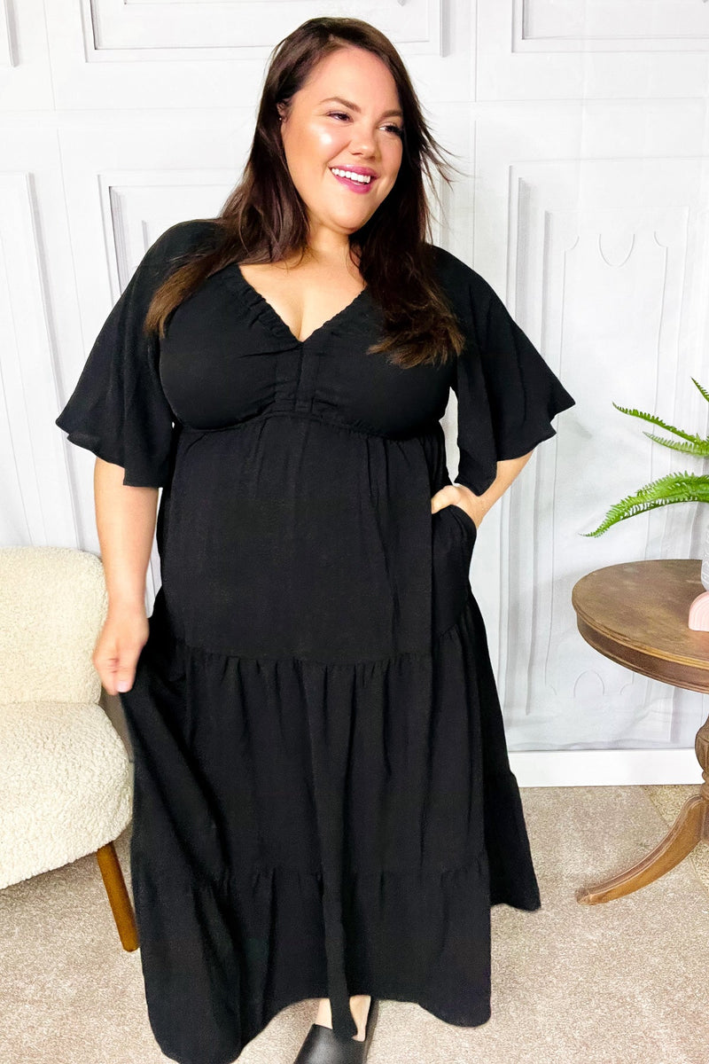 Talk Of The Town Black Elastic V Neck Tiered Maxi Dress