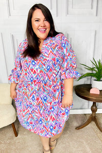 Love Found Blue & Lavender Ikat Print V Neck Dress