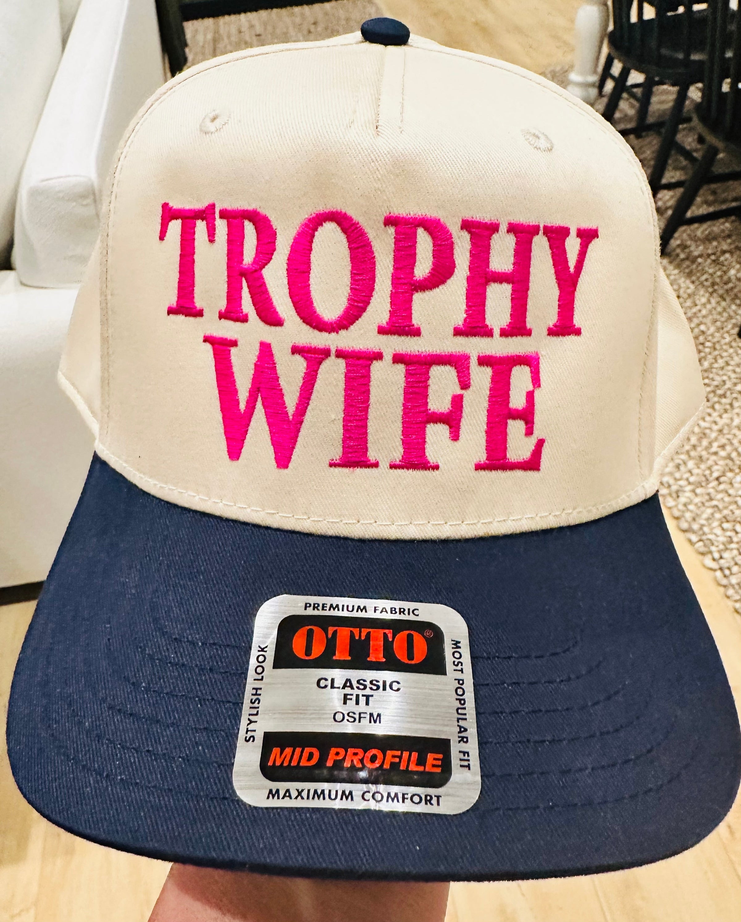 Trophy Wife EMBROIDERY on a Navy and Natural TRUCKER HAT