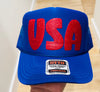USA In Red Glitter Puff Vinyl Printed Royal Blue Trucker Hat