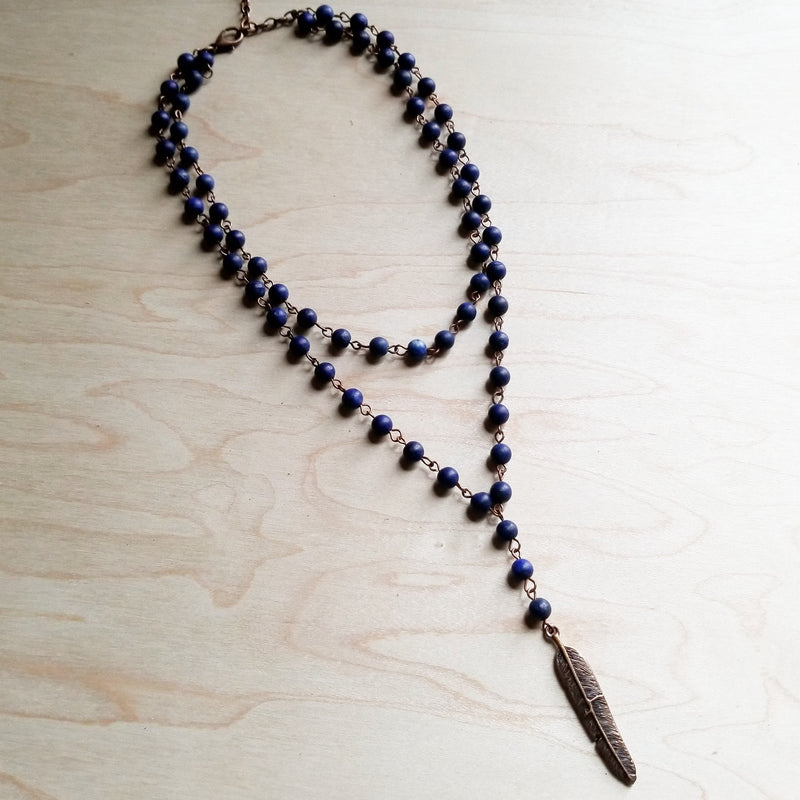 Double Strand Frosted Blue Lapis with Copper Feather 244z