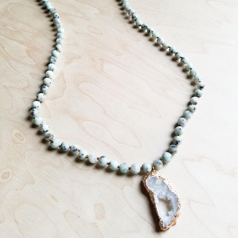**Frosted Sesame Jasper Necklace with White Druzy Pendant 245r