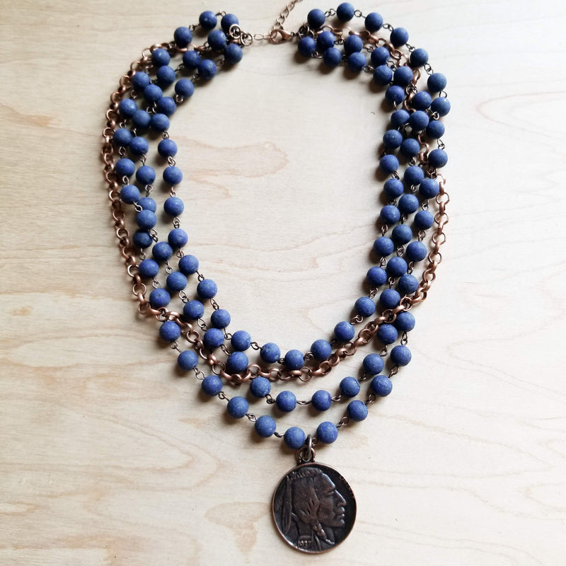 Blue Lapis Collar-Length Necklace with Copper Indian Head Coin 247b
