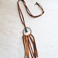 Tan Leather Dream Catcher Necklace with Turquoise Chunk 246t