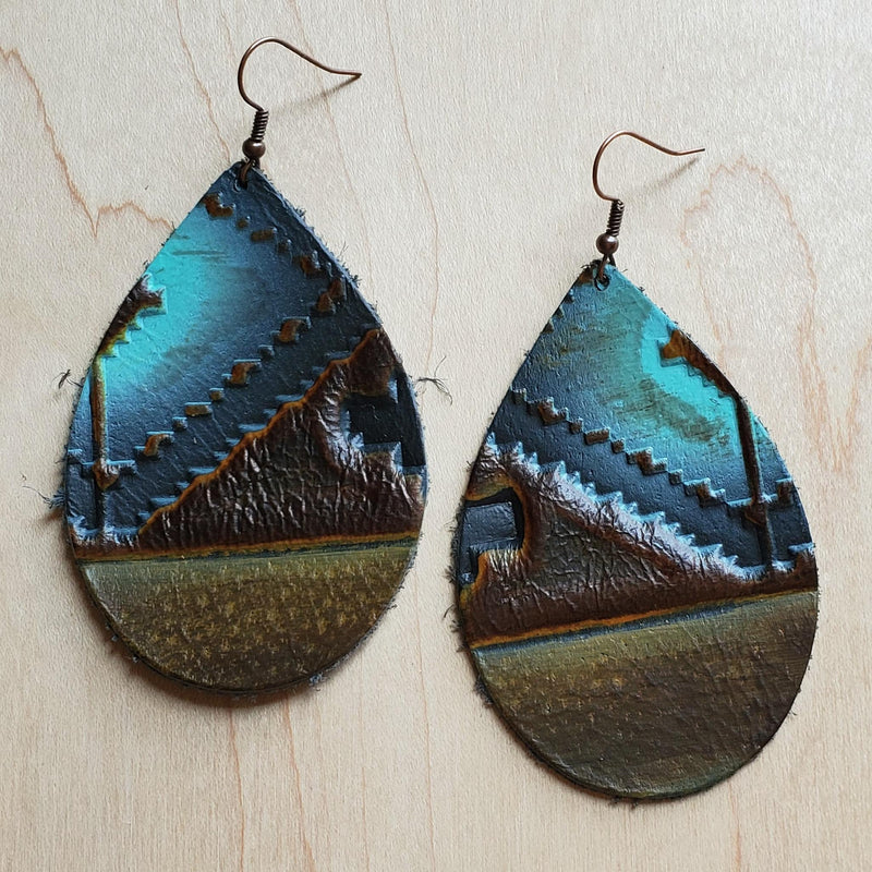 Leather Teardrop Earrings in Blue Navajo 223z