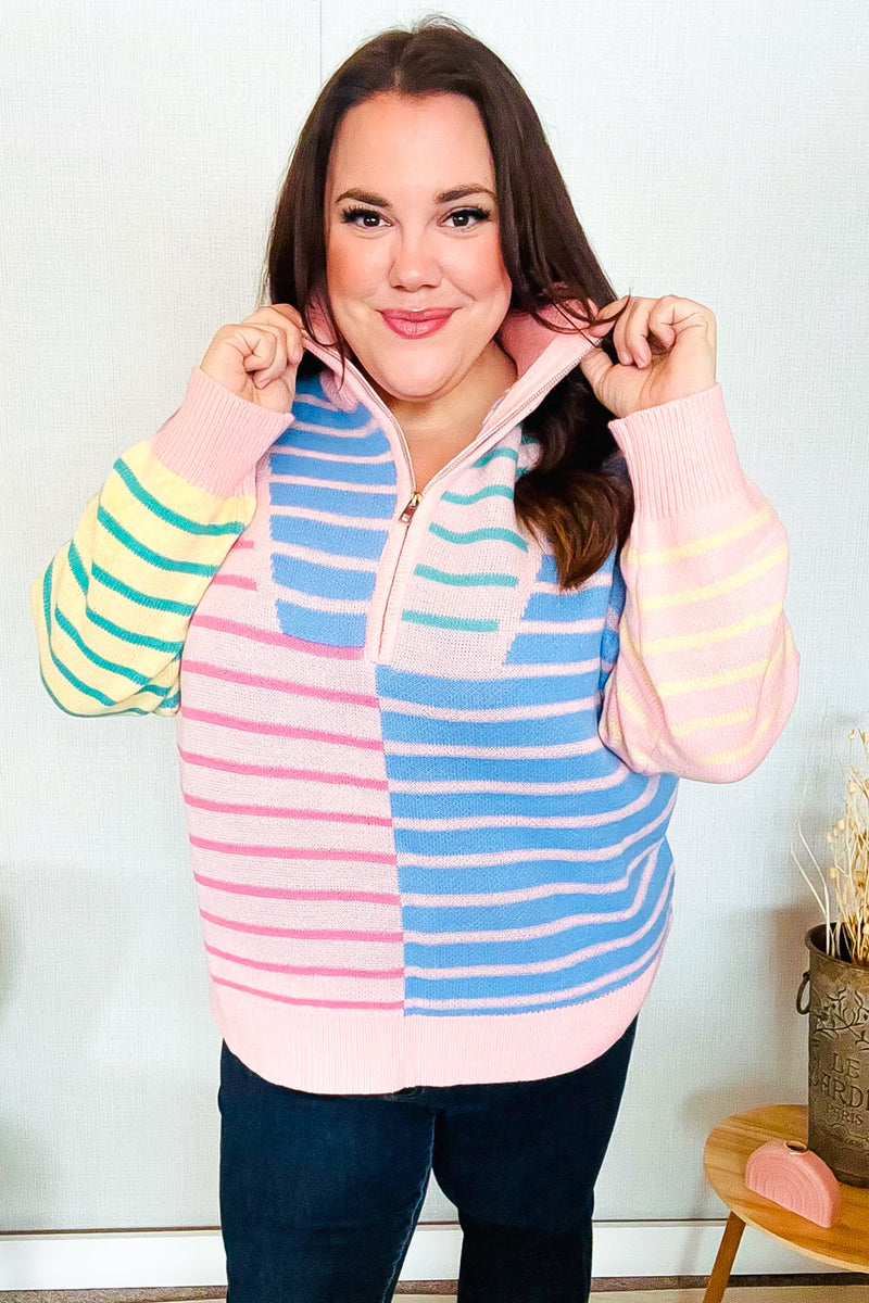 Perfectly Poised Blush & Blue Stripe Half Zip Up Oversized Sweater