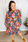 Perfectly You Teal Abstract Print Smocked Cuff Bubble Sleeve Dress