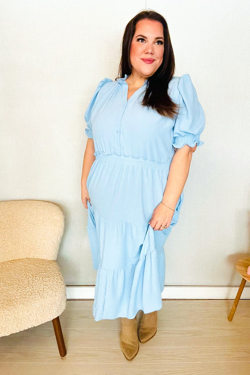 Follow Me Aqua Frill Notch Neck Shirred Waist Tiered Maxi Dress