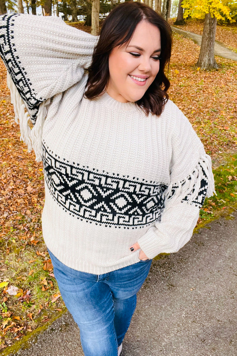 Ready For Anything Taupe & Black Tassel Aztec Sweater