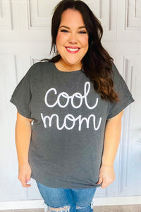 Take A Bow Charcoal "Cool Mom" Embroidery Pop-Up Rib Dolman Top