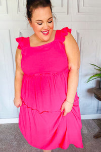 Lots To Love Fuchsia Smocked Flutter Sleeve Tiered Midi Dress