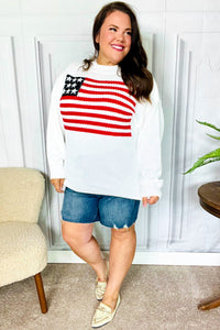 American Flag White Crochet Oversized Knit Sweater