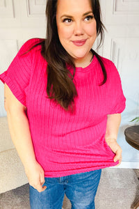 Be Your Best Fuchsia Cable Knit Dolman Short Sleeve Sweater Top