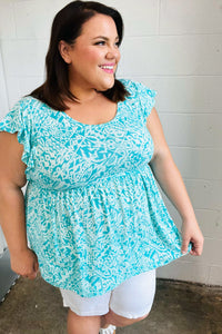 Aqua Boho Print Ruffle Short Sleeve Babydoll Top