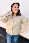 Weekend Ready Oatmeal V Neck Fringe Chunky Cable Cardigan