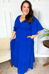 Live For Today Royal Blue Elastic V Neck Tiered Maxi Dress